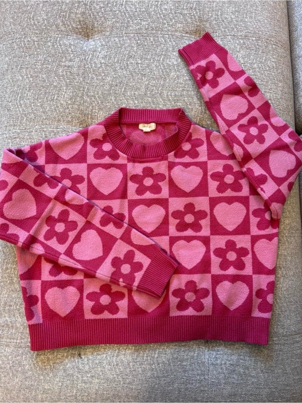 debut Pink Checkerboard Heart & Flower Crewneck Sweater